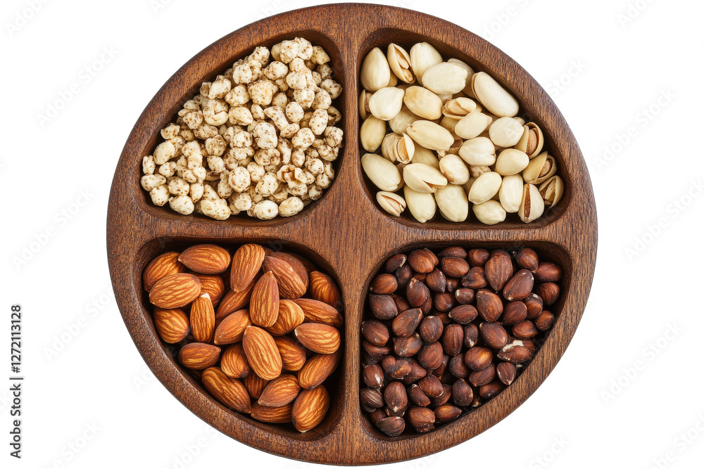 Assorted nuts in wooden bowl with four sections from top view isolated on transparent background Assorted nuts in wooden bowl with four sections from top view isolated on transparent background