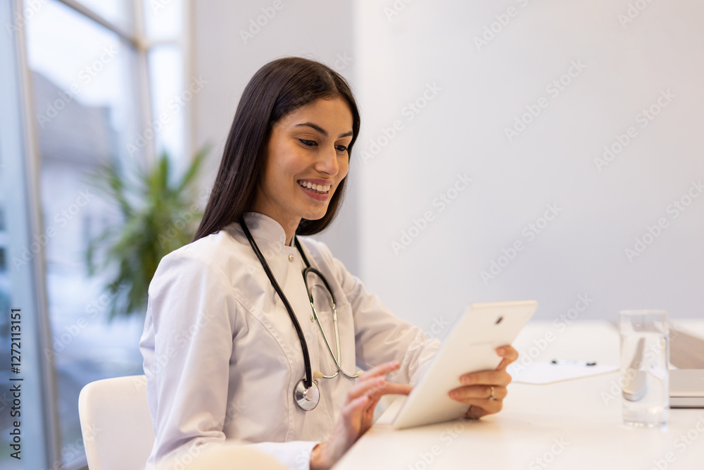 Latina healthcare professional updating medical records on a tablet Latina healthcare professional updating medical records on a tablet