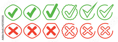 Set of red cross and green checkmark. Wrong and right. Collection trendy symbol. Icons. Hand drawn. Doodle. Textbox and checkbox. Frame vote. Button. No, yes. Mark flat line. False, reject, сorrect