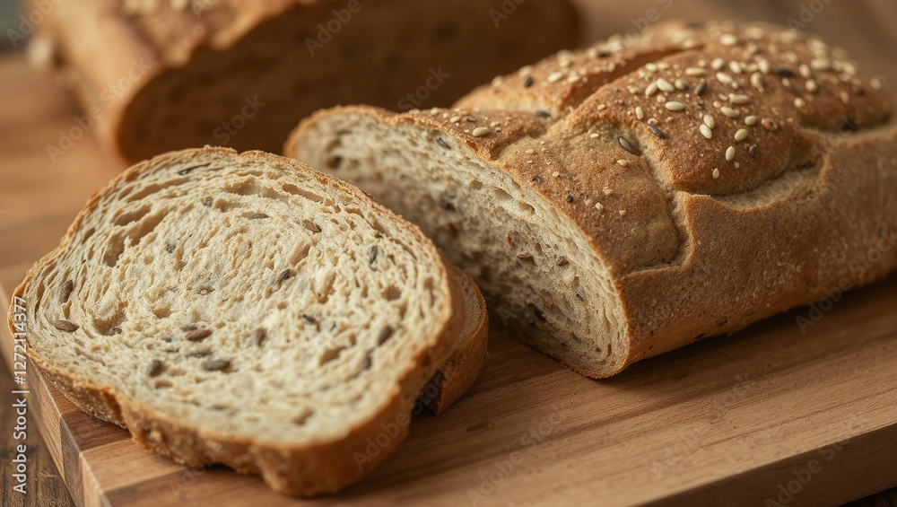 Freshly baked whole-grain bread with seeds, sliced and arranged on a rustic wooden cutting board. Freshly baked whole-grain bread with seeds, sliced and arranged on a rustic wooden cutting board.
