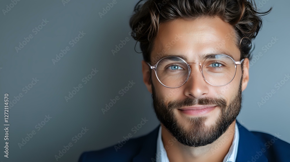 Confident mixed race businessman with beard and glasses smiling at camera. Professional portrait against blue background shows modern leadership and success. Confident mixed race businessman with beard and glasses smiling at camera. Professional portrait against blue background shows modern leadership and success.