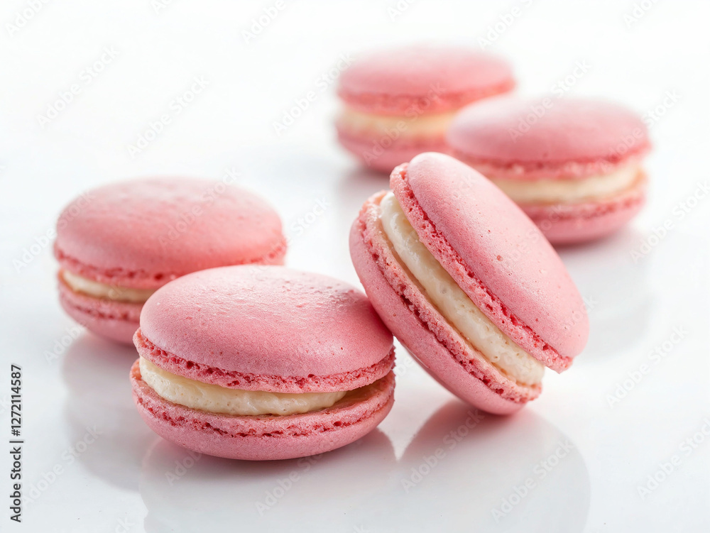 Obraz premium Delicious pink macarons arranged on a white background ready for serving or tasting