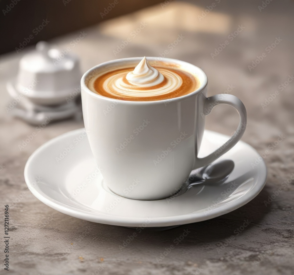 Espresso in a small white cup with a creamy swirl on top, swirled, foamy Espresso in a small white cup with a creamy swirl on top, swirled, foamy