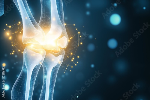 A digital illustration showcasing internal structure of a human joint with glowing effects, symbolizing pain, technology or medical breakthroughs in diagnostics and treatment.