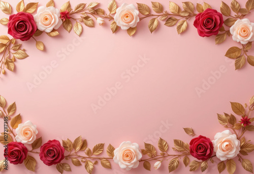 Fondo rosa ruborizado decorado con rosas rojas y blancas, entrelazadas con hojas doradas para un elegante borde floral

