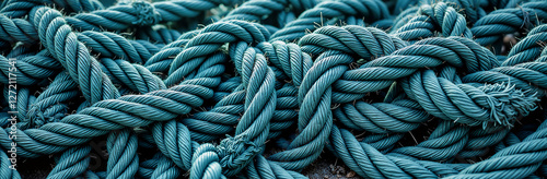 Close-up of twisted blue ropes tangled together with detailed texture
