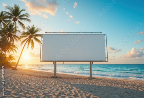 Cartel en blanco en una playa tropical al amanecer, con palmeras balanceándose y olas del océano tocando suavemente la orilla
