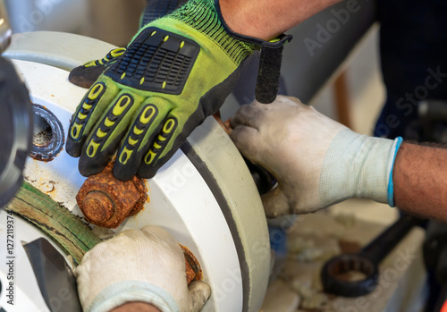 Workers dismantling a rusty flange connection on an industrial pipeline system.