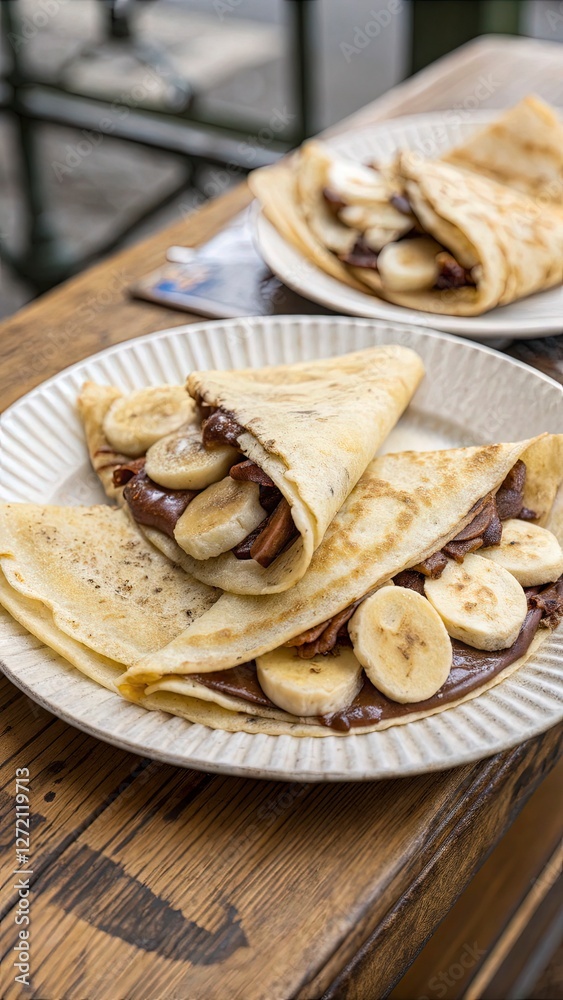 Crepes filled with Nutella and bananas, served on a paper plate, Parisian street vibes Crepes filled with Nutella and bananas, served on a paper plate, Parisian street vibes
