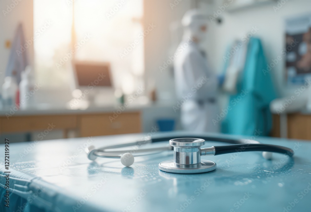 Stethoscope on sanitized table in medical clinic. Stethoscope on sanitized table in medical clinic.