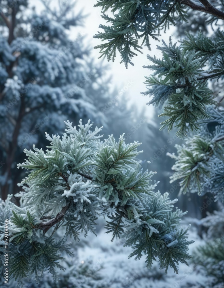 Frosty blue evergreen branches stretch towards the sky with snowflakes, sparkly decorations, frosty blue evergreen, winter magic Frosty blue evergreen branches stretch towards the sky with snowflakes, sparkly decorations, frosty blue evergreen, winter magic