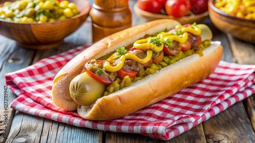 Hot dog with mustard and relish, served at a summer fair, casual and fun