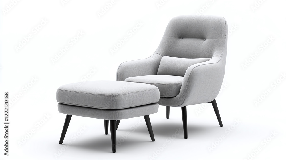 Obraz premium Modern gray accent chair with matching ottoman and slim black metal legs, isolated on white background, stylish and comfortable seating for living room or lounge.