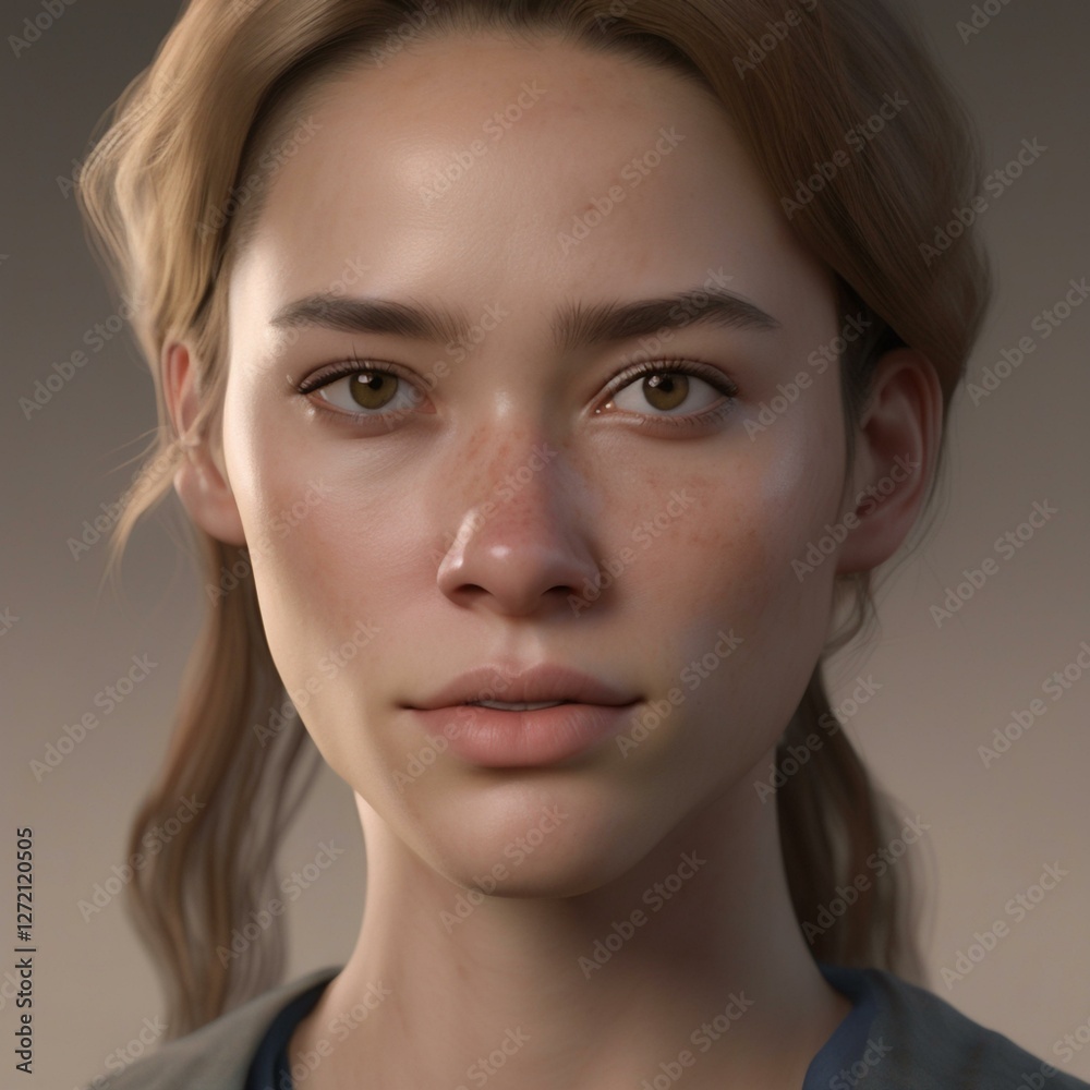 Fototapeta premium A highly detailed, hyper-realistic close-up portrait of an AI-generated human face. This digital artwork features lifelike skin textures, expressive eyes, and natural lighting.