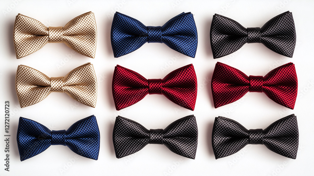 Set of colorful bow ties in blue, beige, black, red, and gold with textured fabric on white background for fashion, formal wear, and accessories themed designs. Set of colorful bow ties in blue, beige, black, red, and gold with textured fabric on white background for fashion, formal wear, and accessories themed designs.