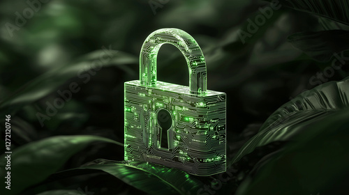 Glowing cyber padlock, sleek background, infused with digital circuits. Security concept.