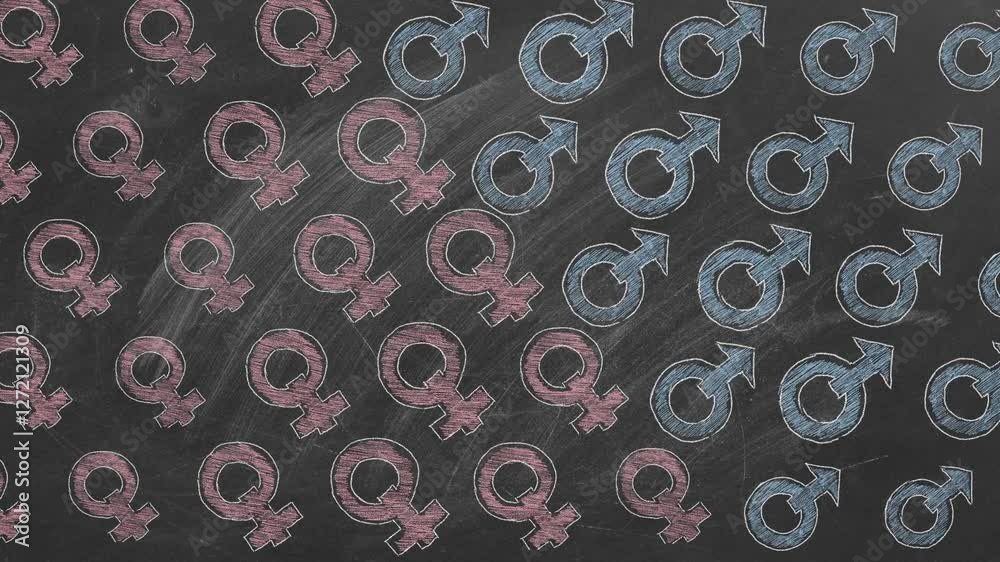 A chalkboard is decorated with repeated gender symbols in pink and blue. The pattern alternates male and female signs, emphasizing equality and gender representation