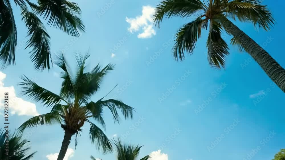 Viewers can enjoy a vibrant display of palm trees swaying gently against a clear blue sky filled with fluffy white clouds, showcasing tropical beauty and serenity. Viewers can enjoy a vibrant display of palm trees swaying gently against a clear blue sky filled with fluffy white clouds, showcasing tropical beauty and serenity.