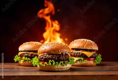 Wallpaper Mural Gourmet Cheeseburgers Flame Grilled Juicy Beef Patties Golden Bun Fresh Lettuce Fire Backdrop Rustic Wooden Table High Contrast Lighting Mouthwatering Food Photography Torontodigital.ca