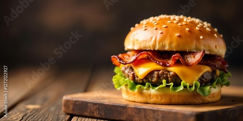 Wallpaper Mural Juicy Cheeseburger Sesame Seed Bun Melted Cheese Fresh Lettuce Tomato Wooden Cutting Board Dark Background Closeup High Resolution Gourmet Fast Food American Cuisine Appetizing Mouthwatering Torontodigital.ca