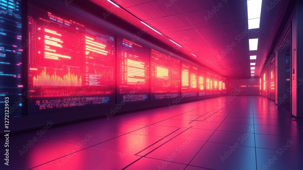 Futuristic Data Center Corridor with Neon Lights and Digital Screens Futuristic Data Center Corridor with Neon Lights and Digital Screens