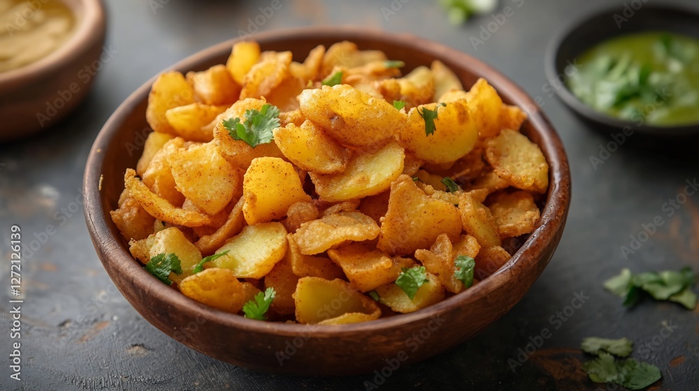 Crispy snack made spiced potatoes and gram flour deepfried to perfection often served with chutneys Crispy snack made spiced potatoes and gram flour deepfried to perfection often served with chutneys