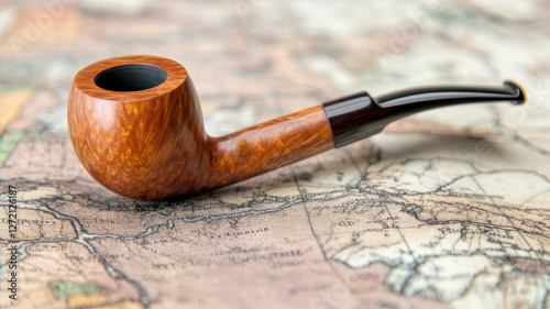 Wooden smoking pipe on vintage map background photo