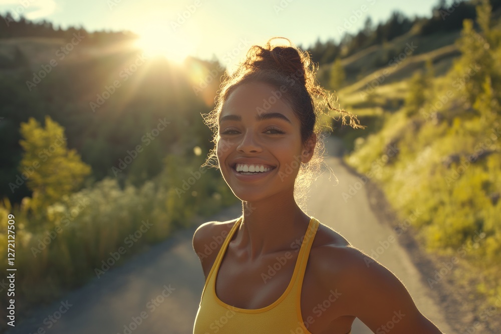 Sunrise run in the mountains with a joyful young woman enjoying the morning light and nature's beauty