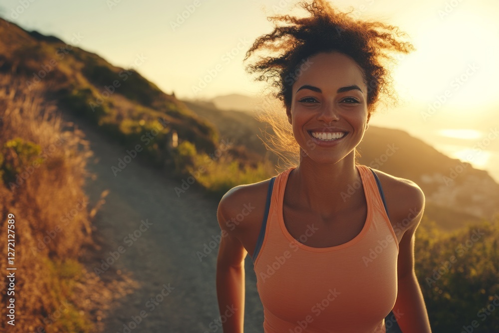 Local woman jogging on scenic trail during sunset with bright smile and vibrant energy in the hills