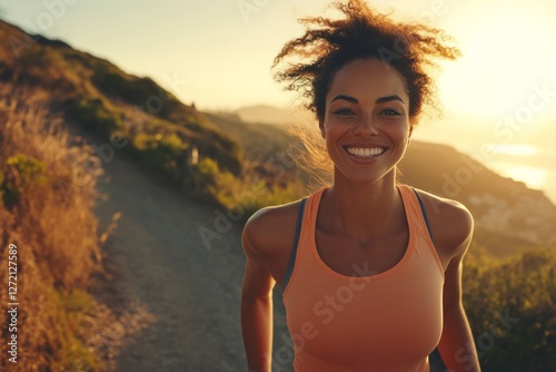 Obraz na płótnie Local woman jogging on scenic trail during sunset with bright smile and vibrant energy in the hills w salonie