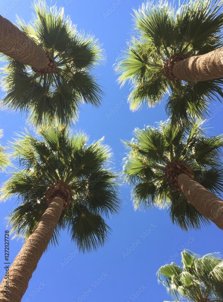 Towering lush palm trees stretch gracefully towards a vibrant, clear blue sky, illuminating a tranquil outdoor setting drenched in warm sunlight