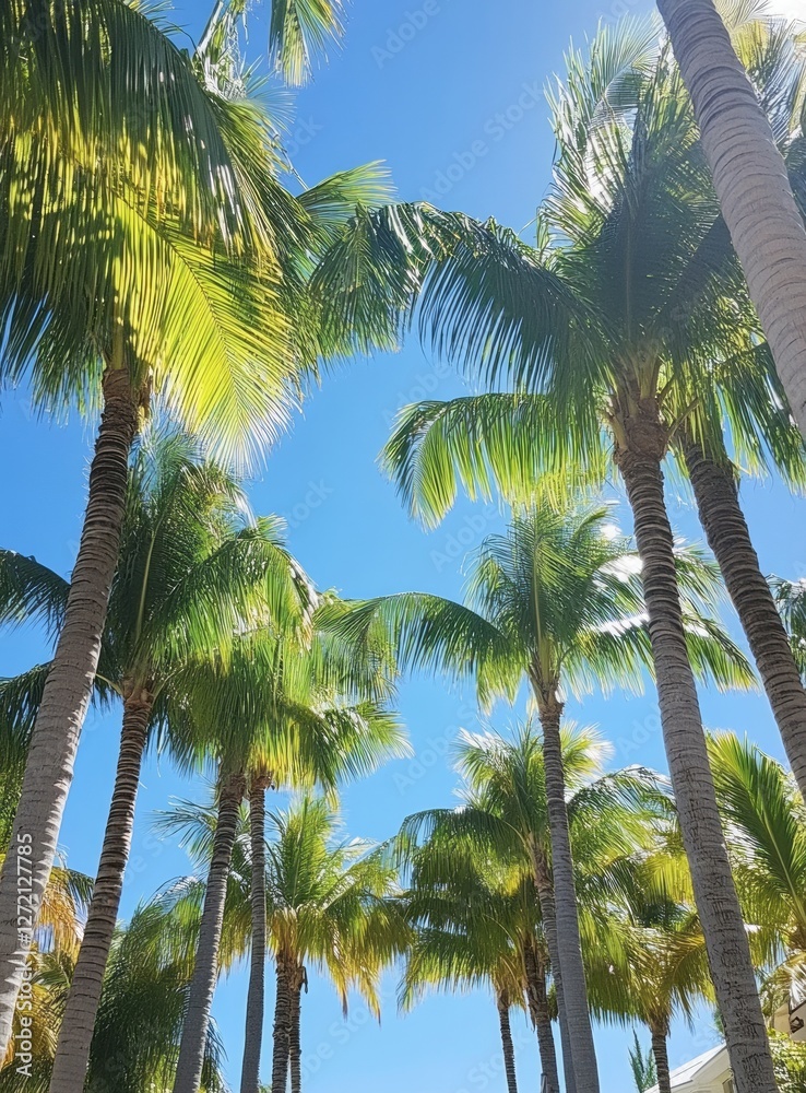 Towering palm trees stretch high into the radiant blue sky, basking in the warm sunlight near a beautiful tropical beach resort