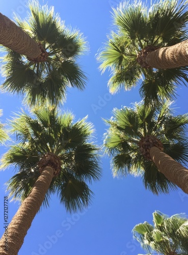 Obraz na płótnie Towering lush palm trees stretch gracefully towards a vibrant, clear blue sky, illuminating a tranquil outdoor setting drenched in warm sunlight w salonie