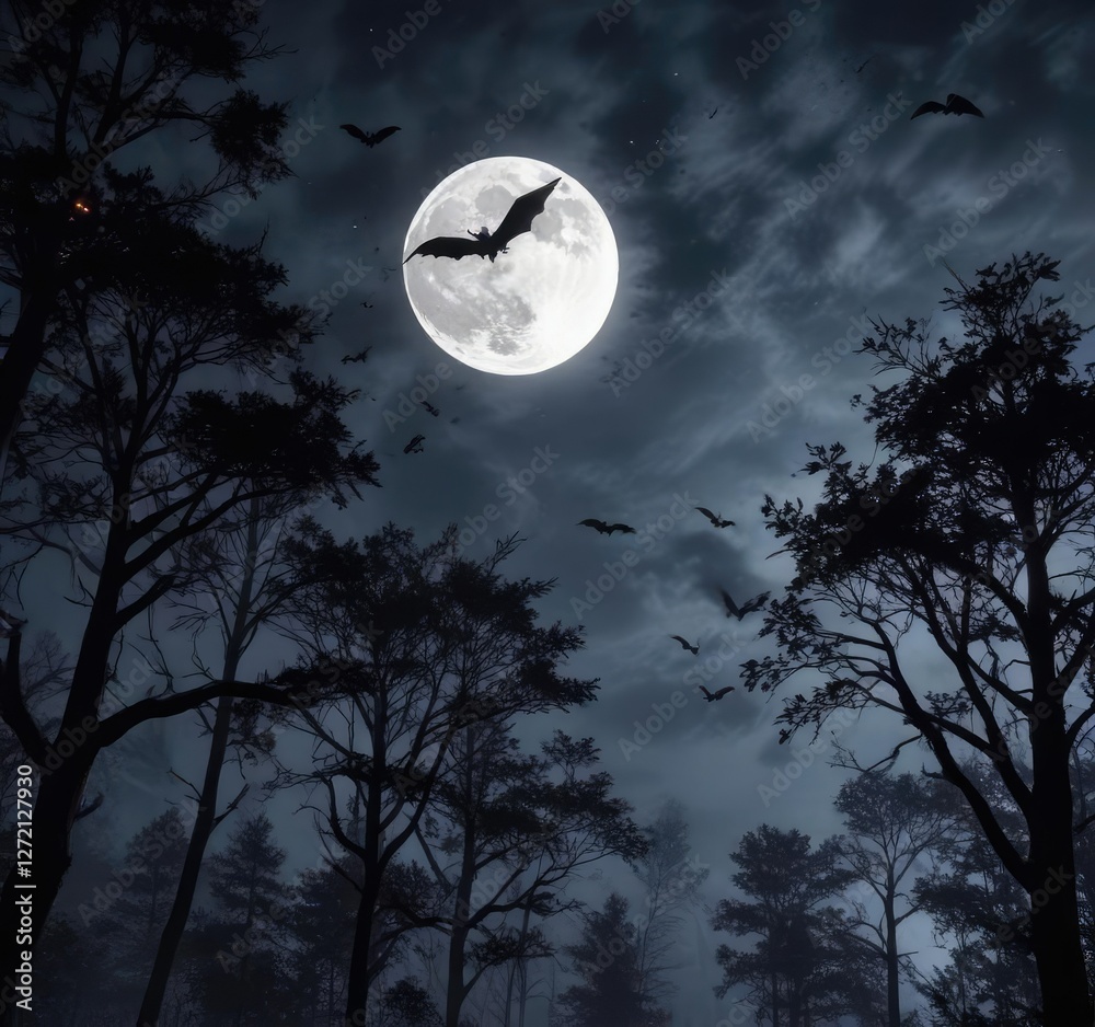 Dark forest with bats flying in the air near a bright full moon hanging low in the sky, shadows, atmospheric, nocturnal Dark forest with bats flying in the air near a bright full moon hanging low in the sky, shadows, atmospheric, nocturnal