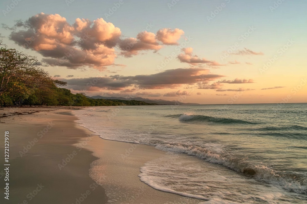 Sunset over tranquil beach with gentle waves and colorful clouds in the evening sky, showcasing nature's beauty