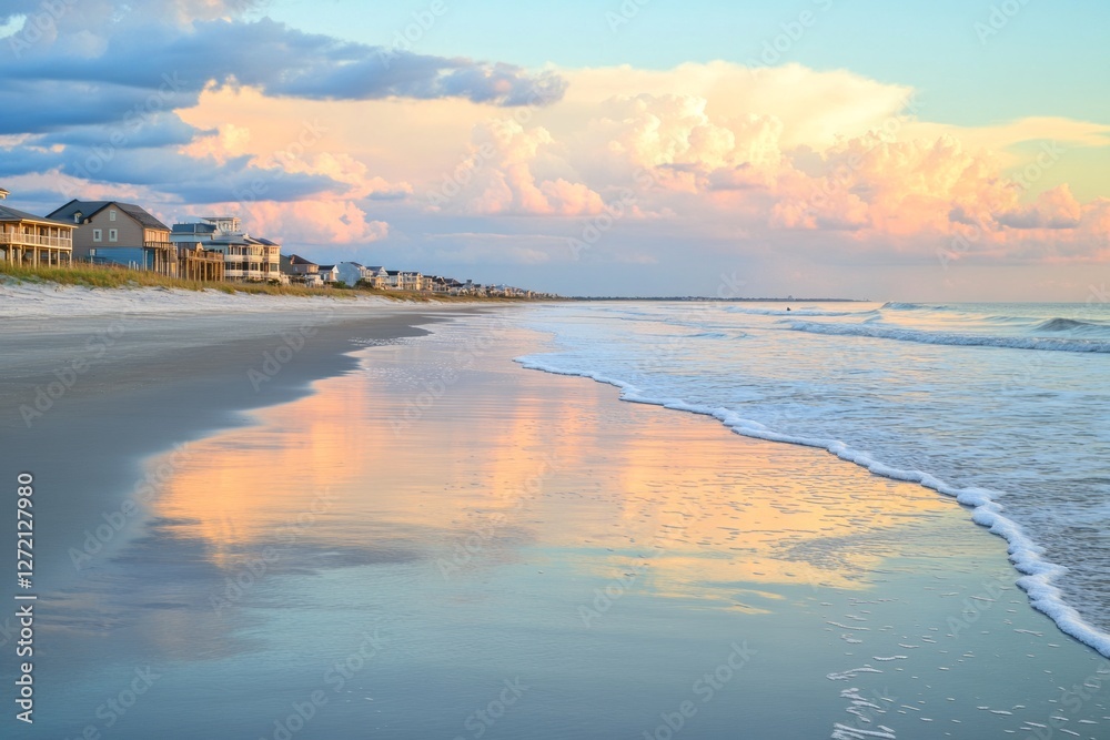 A stunning coastal sunset casts a warm glow over the gentle waves, beautifully reflecting the vibrant colors, while serene beachfront homes gracefully line the shore, creating a picturesque scene