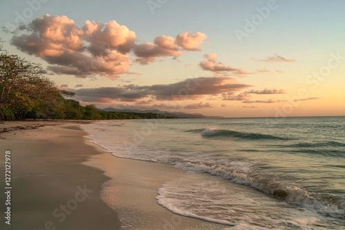 Obraz na płótnie Sunset over tranquil beach with gentle waves and colorful clouds in the evening sky, showcasing nature's beauty w salonie