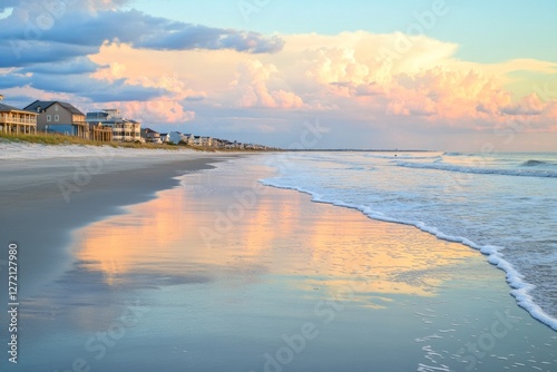 Obraz na płótnie A stunning coastal sunset casts a warm glow over the gentle waves, beautifully reflecting the vibrant colors, while serene beachfront homes gracefully line the shore, creating a picturesque scene w salonie