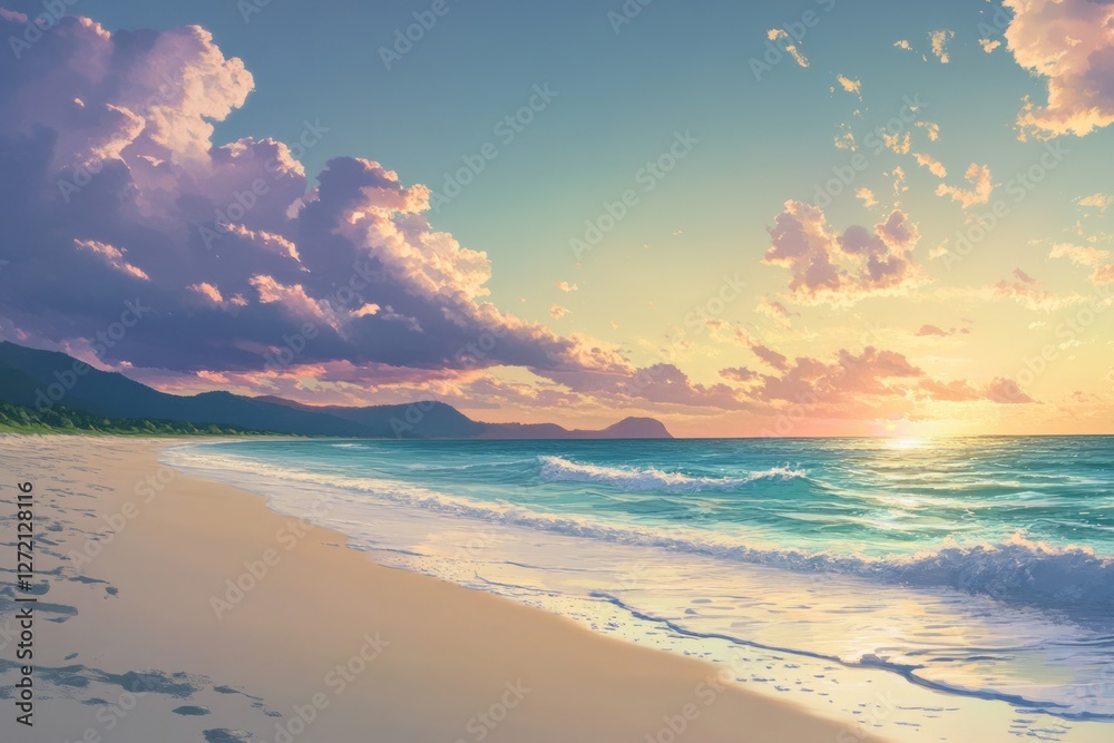 As the sun begins to set over the tranquil beach, gentle waves lap against the shore, creating a soothing melody.