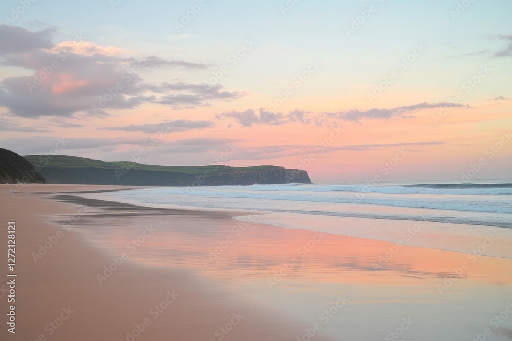 Soft pastel colors fill the sky as sunlight fades over a serene beach with gentle waves meeting the smooth sandy shore at sunset