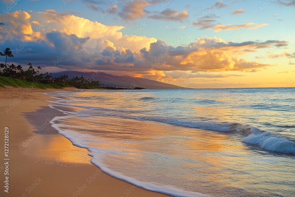 Serene sunset at the beach with gentle waves and colorful clouds in Maui, Hawaii during the evening hours