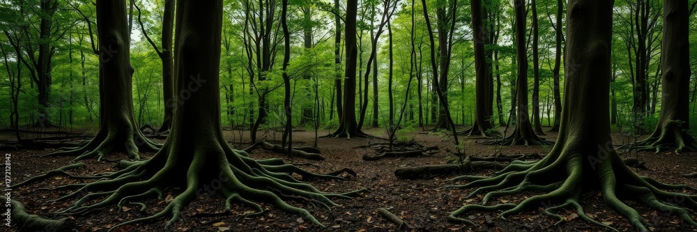 Obraz premium Dark green seamless forest floor background with tree trunks and roots features a natural, earthy atmosphere, forest floors, seamless backgrounds