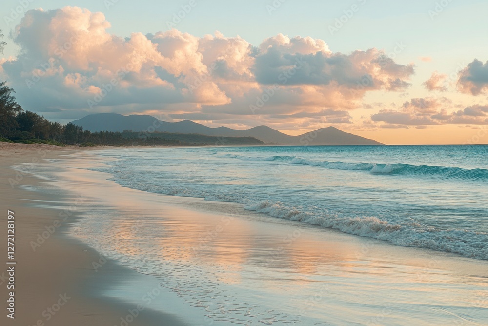 Calm morning at the tropical beach with gentle waves and soft sunlight reflecting on the water surface