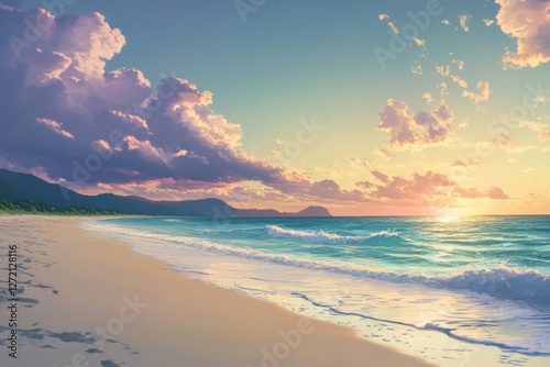 As the sun begins to set over the tranquil beach, gentle waves lap against the shore, creating a soothing melody. 