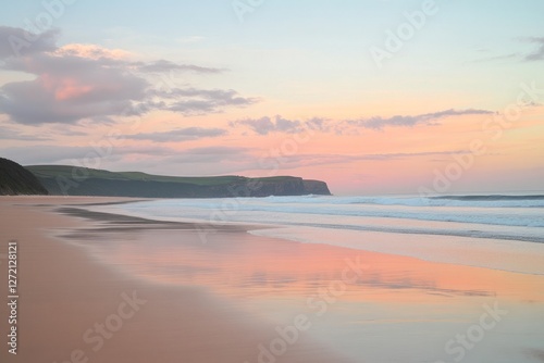 Obraz na płótnie Soft pastel colors fill the sky as sunlight fades over a serene beach with gentle waves meeting the smooth sandy shore at sunset w salonie