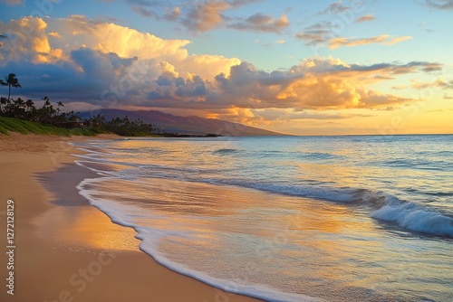 Serene sunset at the beach with gentle waves and colorful clouds in Maui, Hawaii during the evening hours