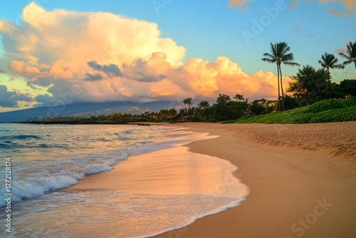 Witness the stunning beauty of a golden sandy beach in Maui, Hawaii, where gentle waves lap at the shore beneath vibrant, colorful clouds during a breathtaking sunset