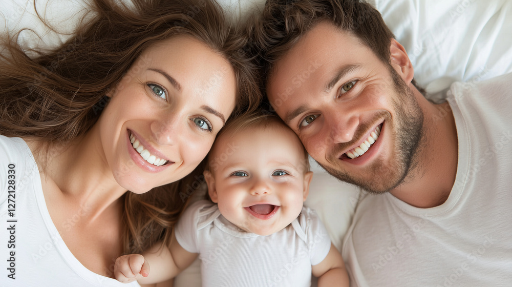 Relaxed family smiling, cuddling on bed at home. Relaxed family smiling, cuddling on bed at home.