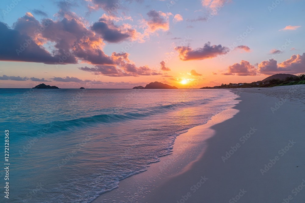 Sunset illuminates serene beach with gentle waves and distant islands during a tranquil evening on the coastline