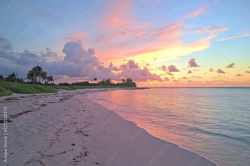 A stunning, vibrant sunset casts a warm glow over the tranquil ocean waters, beautifully illuminating a serene beach landscape in an idyllic tropical paradise